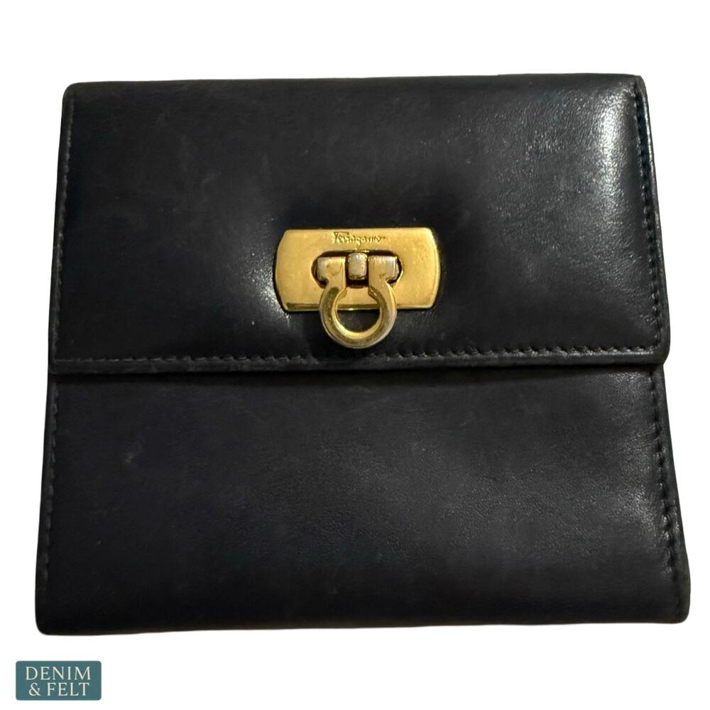 Salvatore Ferragamo Gancini Trifold Wallet Black Leather Vintageโ Luxe Designer